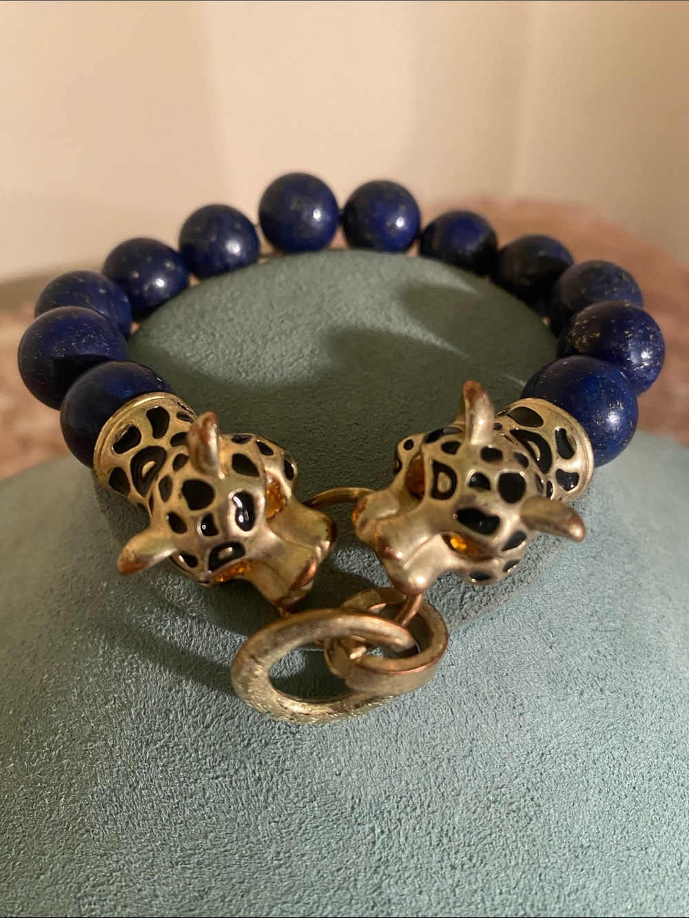 Blue Beaded Double Leopard Head Bracelet Gold Tone Black Enamel